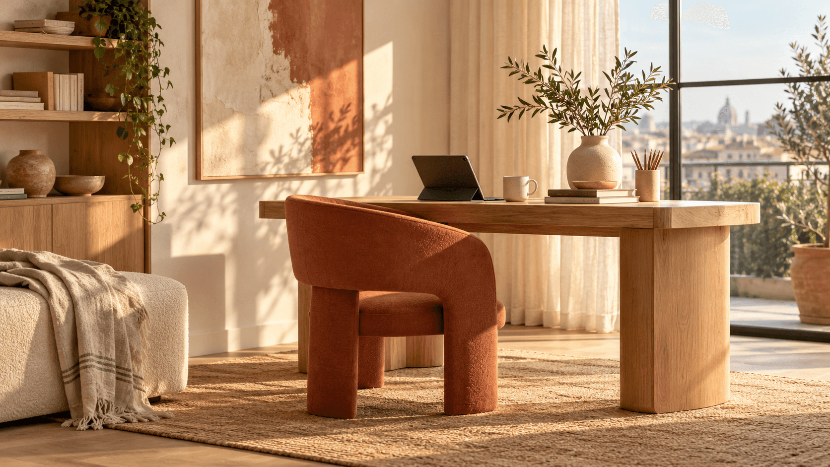 A warmly furnished living room with natural materials